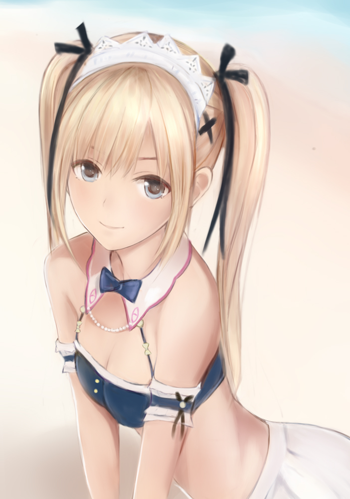 1girl beach bikini blonde_hair blue_eyes bow breasts dead_or_alive dead_or_alive_5 hair_bow hair_ornament long_hair looking_at_viewer maid_headdress marie_rose nannacy7 outdoors sidelocks small_breasts smile solo swimsuit twintails x_hair_ornament