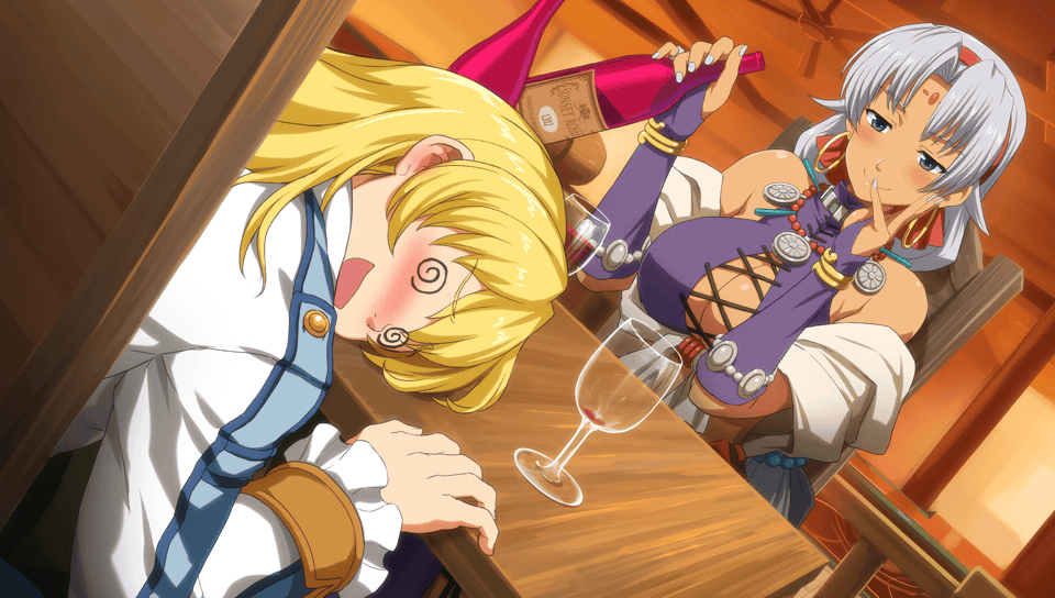1boy 1girl @_@ bangs bare_shoulders blonde_hair blue_eyes blush bottle braided_ponytail breasts cleavage_cutout cup dress drinking_glass drunk dutch_angle earrings eiyuu_densetsu facial_mark forehead_mark game_cg hairband halter_top halterneck hand_to_own_face hoop_earrings jewelry large_breasts long_hair long_sleeves looking_at_another midriff navel necklace official_art olivier_lenheim open_mouth parted_bangs ponytail scherazard_harvey shirt short_hair silver_hair smile sora_no_kiseki table unconscious wine_bottle wine_glass