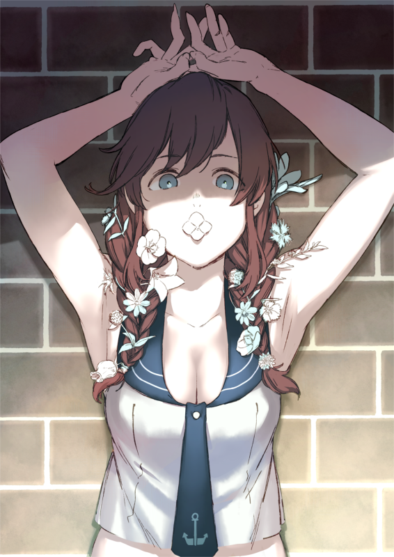 1girl against_wall armpits arms_up blue_eyes braid breasts brown_hair cleavage commentary_request flower flower_on_mouth hair_flower hair_ornament kantai_collection long_hair looking_at_viewer noshiro_(kantai_collection) sailor_collar solo twin_braids upper_body uyama_hajime