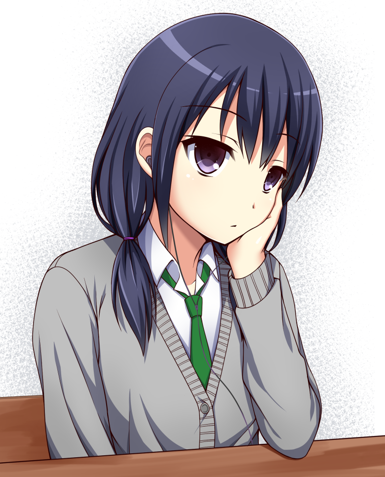 1girl arm_support bangs black_hair cardigan closed_mouth collared_shirt earphones earphones eyebrows_visible_through_hair green_neckwear grey_cardigan hair_between_eyes head_in_hand ki_(kk-sk-ray) long_hair long_sleeves looking_away low_twintails necktie school_uniform shirt sitting solo tamura_yuri twintails violet_eyes watashi_ga_motenai_no_wa_dou_kangaetemo_omaera_ga_warui! white_shirt