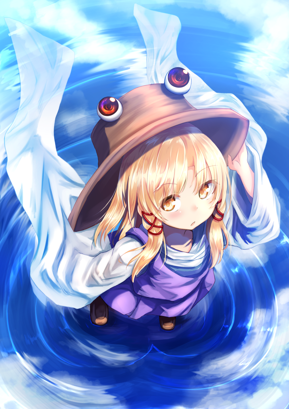 1girl absurdly_long_sleeves baram blonde_hair clouds commentary eyebrows_visible_through_hair from_above hair_ornament hand_on_headwear hat highres long_hair looking_at_viewer looking_up moriya_suwako purple_skirt purple_vest reflection ripples shirt skirt solo standing standing_on_liquid touhou vest water white_shirt wide_sleeves yellow_eyes