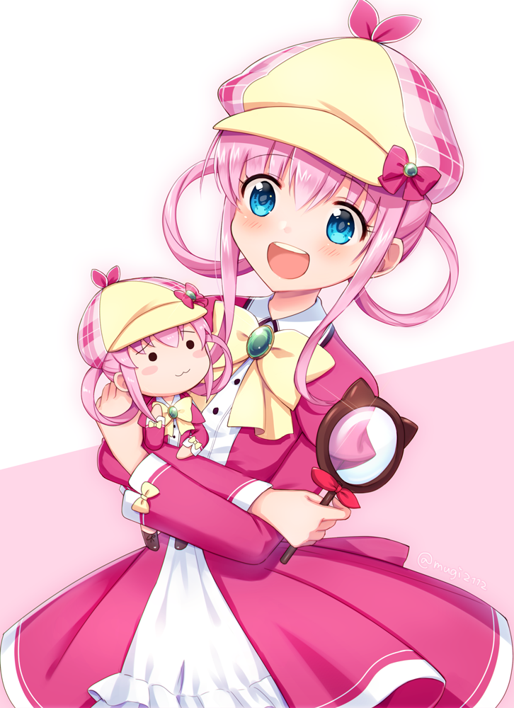1girl :3 :d bangs blue_eyes blush bow character_doll deerstalker dress eyebrows_visible_through_hair hair_between_eyes hair_rings hat holding juliet_sleeves leaning_to_the_side long_hair long_sleeves magnifying_glass mugi_(iccomae) object_hug open_mouth pink_background pink_bow pink_dress pink_hair pink_hat plaid_hat puffy_sleeves round_teeth sherlock_shellingford sidelocks smile solid_circle_eyes solo tantei_opera_milky_holmes teeth two-tone_background upper_teeth white_background