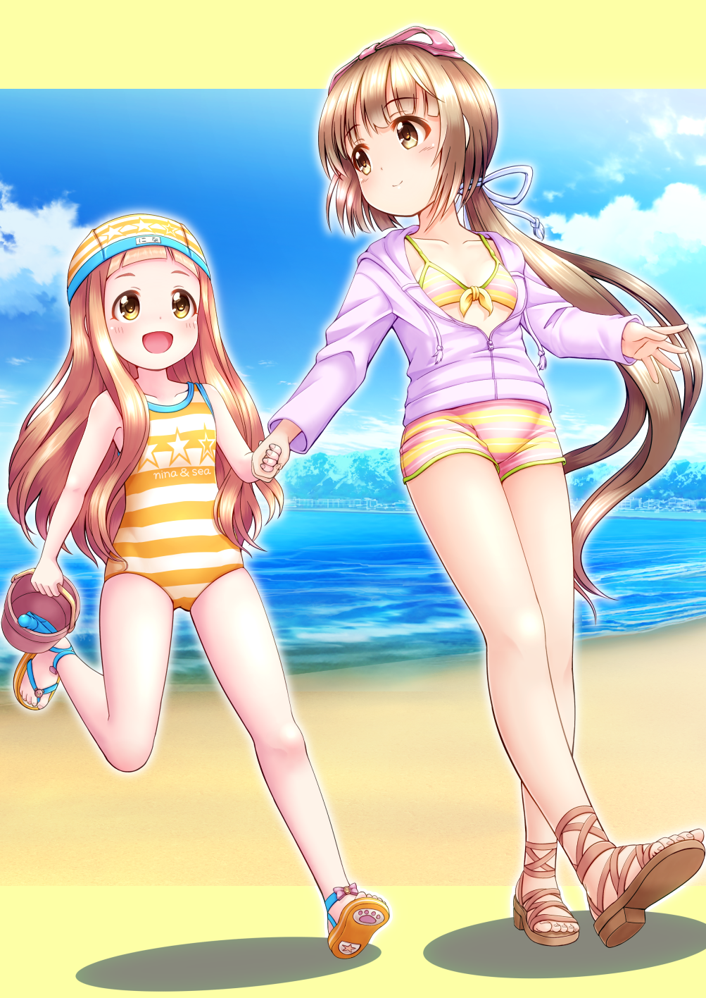 2girls :d bare_arms bare_legs bare_shoulders beach bikini blue_sky blush bow brown_footwear brown_hair bucket casual_one-piece_swimsuit closed_mouth clouds collarbone commentary_request day dutch_angle eye_contact front-tie_bikini front-tie_top hair_bow hair_ribbon highres holding holding_bucket hood hood_down hoodie ichihara_nina idolmaster idolmaster_cinderella_girls long_hair long_sleeves looking_at_another looking_back low_ponytail multiple_girls ocean one-piece_swimsuit open_clothes open_hoodie open_mouth outdoors partially_unzipped pink_bow pink_hoodie ponytail regular_mow ribbon sand sandals sky smile striped striped_bikini striped_swimsuit swim_cap swimsuit toenails very_long_hair water white_ribbon yorita_yoshino