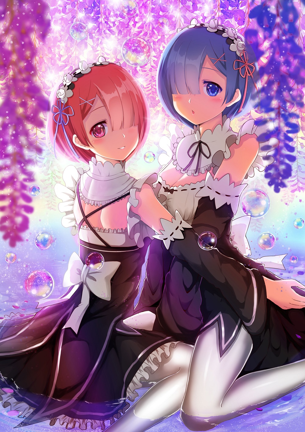 2girls back_bow black_ribbon black_skirt blue_eyes blue_flower blue_hair blue_ribbon blush bow breasts choker cleavage day detached_sleeves flower frilled_skirt frills hair_flower hair_ornament hair_over_one_eye hair_ribbon head_wreath highres kneeling kyuu_(chiu850513) looking_at_viewer looking_back medium_breasts multiple_girls neck_ribbon open_mouth outdoors pantyhose pink_eyes pink_hair pink_ribbon purple_flower ram_(re:zero) re:zero_kara_hajimeru_isekai_seikatsu rem_(re:zero) ribbon ribbon-trimmed_sleeves ribbon_trim short_hair siblings sisters sitting skirt smile twins water white_bow white_flower white_legwear