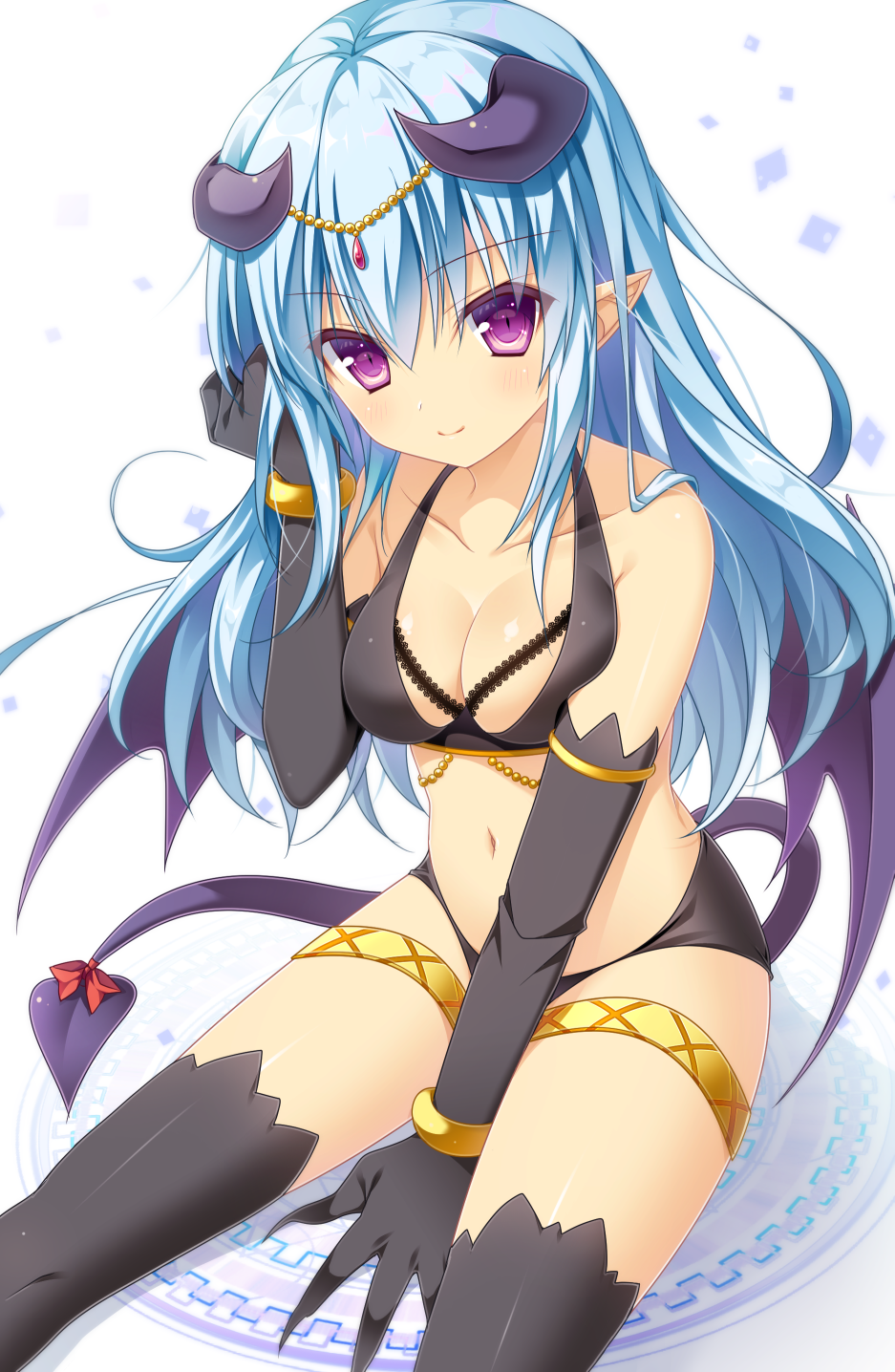 1girl arm_up bangle bangs bare_shoulders between_legs black_gloves black_legwear blue_hair blush bow bracelet breasts cleavage closed_mouth collarbone commentary_request curled_horns dark_skin demon_girl demon_horns demon_tail demon_wings elbow_gloves eyebrows_visible_through_hair gloves hair_between_eyes hand_between_legs head_tilt highres horns jewelry long_hair looking_at_viewer medium_breasts navel original pimopi pointy_ears purple_wings red_bow sitting smile solo tail tail_bow thigh-highs very_long_hair violet_eyes white_background wings