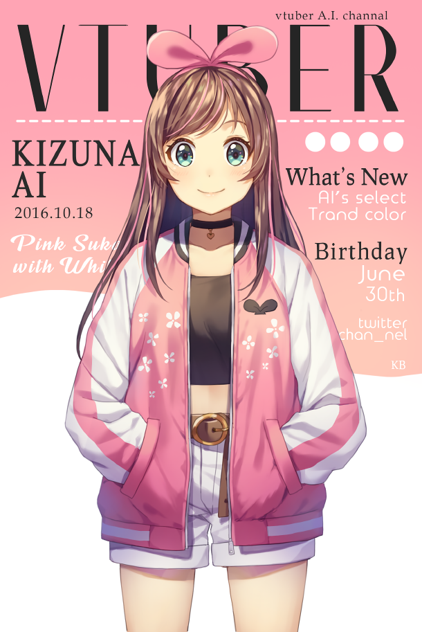 1girl a.i._channel belt_buckle black_choker black_shirt blue_eyes blush brown_belt brown_hair buckle character_name choker closed_mouth collarbone commentary_request copyright_name cover cowboy_shot crop_top english fake_cover fashion hair_ribbon hands_in_pockets heart jacket kim_bae-eo kizuna_ai long_hair long_sleeves magazine_cover multicolored_hair open_clothes open_jacket pink_hair pink_jacket pink_ribbon ribbon shirt short_shorts shorts smile solo streaked_hair sukajan very_long_hair virtual_youtuber white_shorts