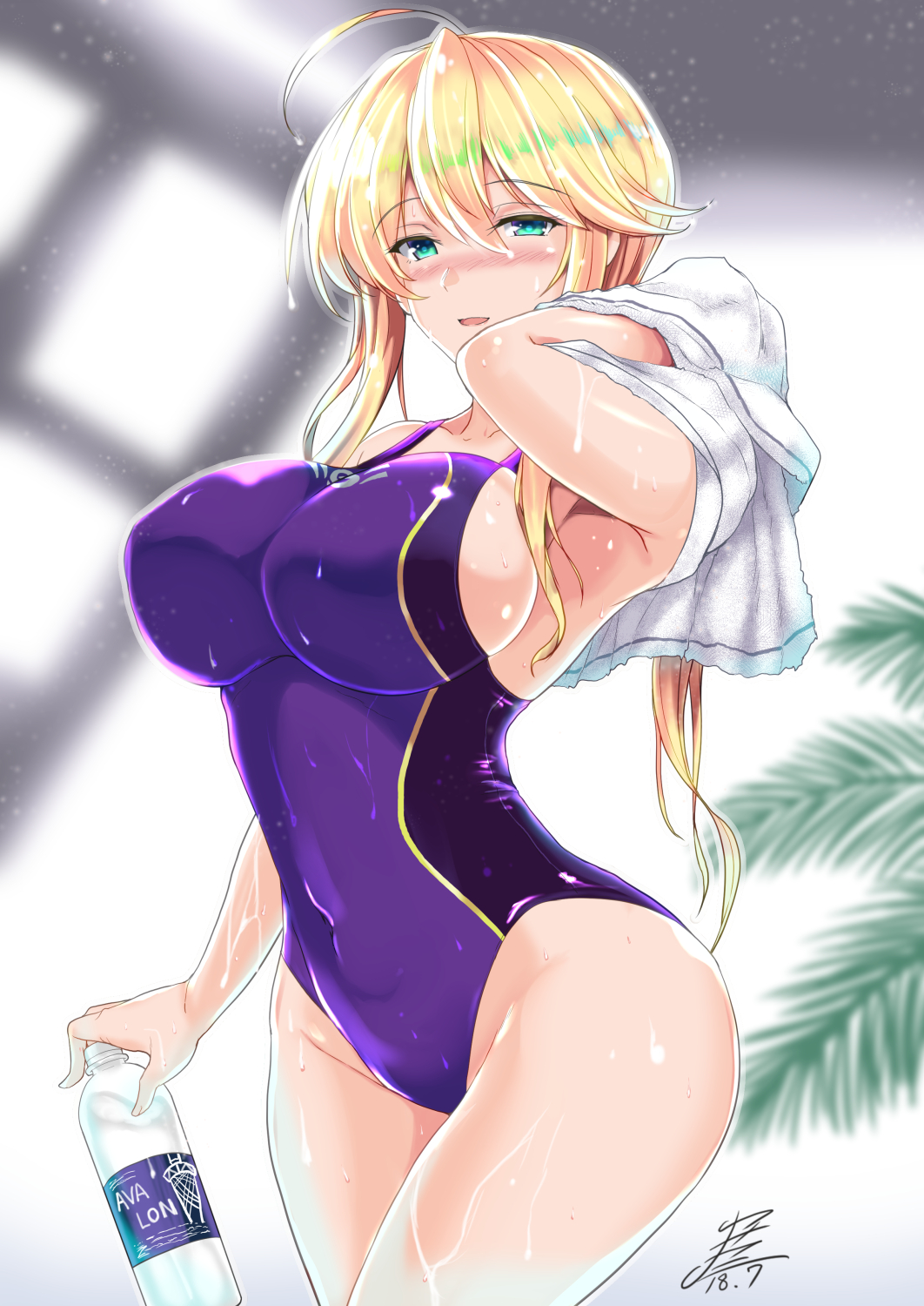 1girl ahoge artoria_pendragon_(all) artoria_pendragon_(lancer) bangs blonde_hair blue_swimsuit blush bottle breasts collarbone competition_swimsuit covered_navel fate/grand_order fate_(series) green_eyes highres holding large_breasts leaf long_hair one-piece_swimsuit open_mouth rei_no_pool sidelocks signature smile solo swept_bangs swimsuit towel wet yasakani_an