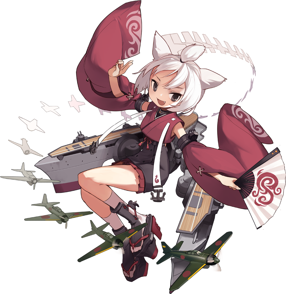 1girl :d aircraft airplane anchor animal_ears azur_lane black_eyes brown_eyes detached_sleeves fan fang flight_deck folding_fan full_body holding holding_fan japanese_clothes jong_tu jumping kimono long_sleeves looking_at_viewer looking_to_the_side machinery official_art open_mouth platform_footwear ponytail shikigami short_hair shouhou_(azur_lane) smile solo transparent_background v-shaped_eyebrows white_hair wide_sleeves