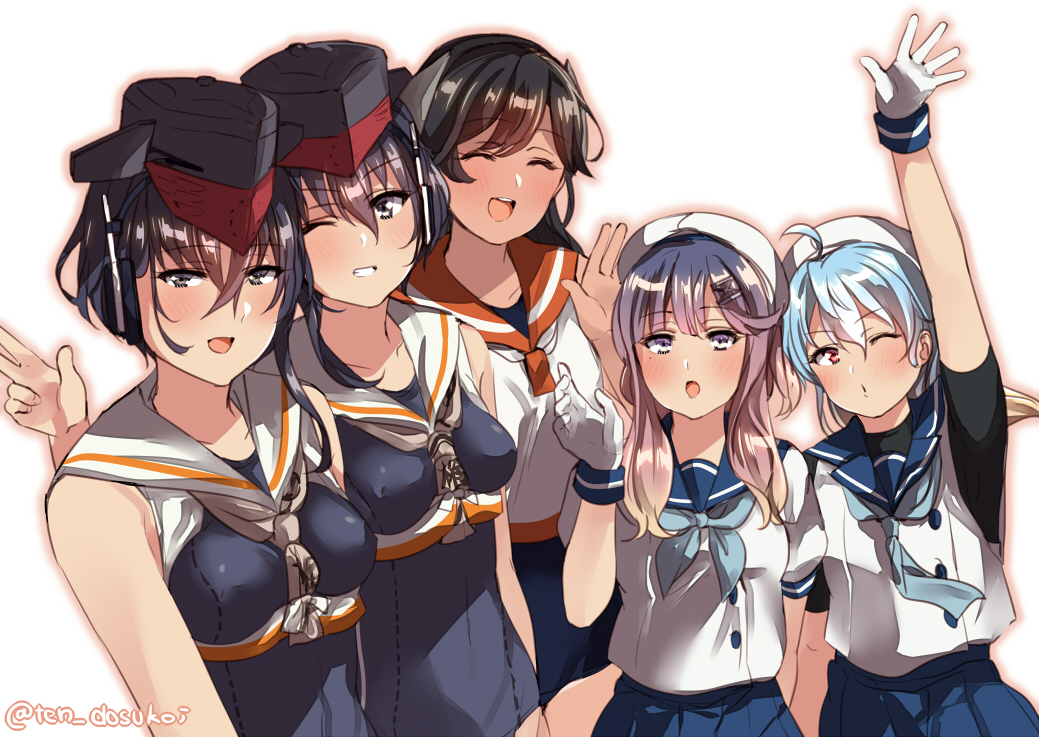 5girls black_hair blue_eyes blue_hair blush breasts brown_eyes closed_eyes closed_mouth commentary_request eyebrows_visible_through_hair hair_between_eyes hat i-13_(kantai_collection) i-14_(kantai_collection) i-400_(kantai_collection) imamura_ayaka juurouta kantai_collection long_hair looking_at_viewer medium_hair miniskirt multicolored_hair multiple_girls neckerchief one_eye_closed peaked_cap purple_hair red_eyes sado_(kantai_collection) school_swimsuit school_uniform seiyuu_connection skirt small_breasts smile swimsuit tsushima_(kantai_collection)