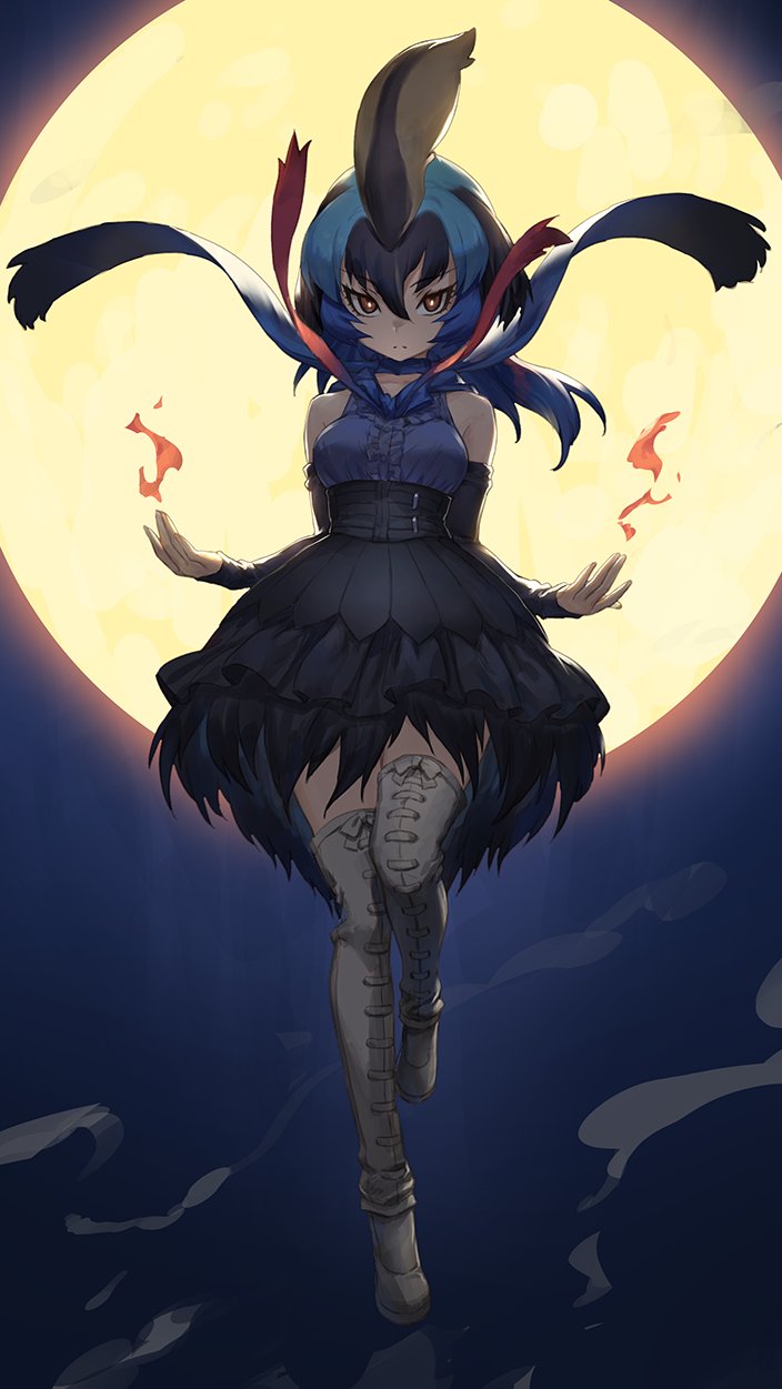 1girl arms_at_sides bare_shoulders black_hair blue_hair boots breasts character_request copyright_request corset detached_sleeves full_moon guchico hair_between_eyes highres long_hair medium_breasts moon multicolored_hair red_eyes scarf solo standing thigh-highs thigh_boots