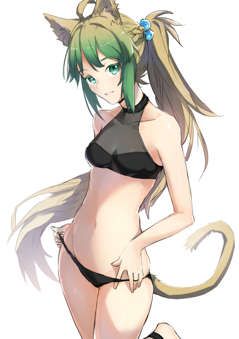 1girl ahoge animal_ears anklet atalanta_(fate) barefoot black_panties breasts brown_hair cat_ears cat_tail cleavage collarbone fate/apocrypha fate_(series) floating_hair green_eyes green_hair groin hair_ornament jewelry leg_up long_hair looking_at_viewer multicolored_hair navel panties parted_lips ponytail shiny shiny_hair sidelocks simple_background small_breasts solo standing standing_on_one_leg tail tanaka_arumi two-tone_hair underwear very_long_hair white_background