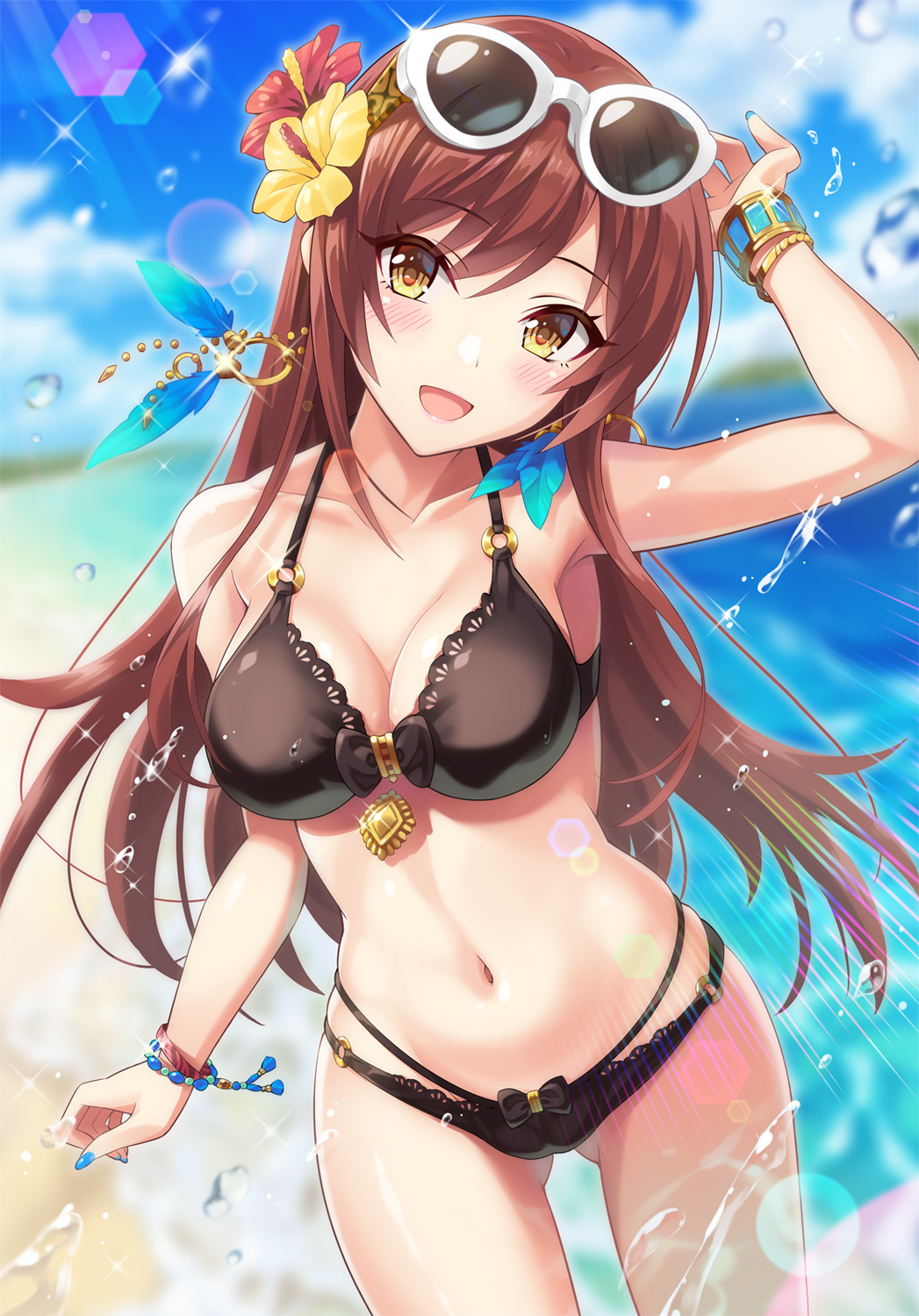 1girl :d bangs beach bikini black_bikini blue_nails blue_sky blush bracelet breasts brown_hair cleavage clouds collarbone commentary_request day earrings eyebrows_visible_through_hair eyewear_on_head fingernails flower hair_between_eyes hair_flower hair_ornament highres idolmaster idolmaster_shiny_colors jewelry long_fingernails long_hair looking_at_viewer medium_breasts nail_polish navel ocean oosaki_amana open_mouth outdoors sand sky smile solo standing sunglasses swimsuit urabi_(tomatohouse) water yellow_eyes