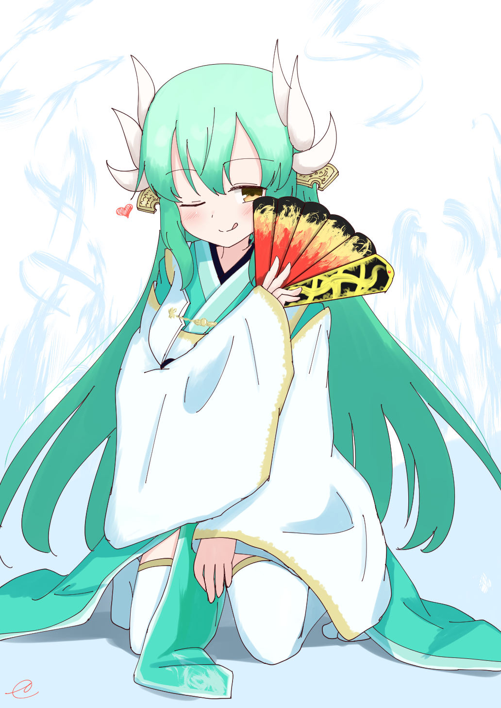 1girl :q bangs blush brown_eyes closed_mouth commentary_request dragon_horns eyebrows_visible_through_hair fan fate/grand_order fate_(series) flame_print folding_fan green_hair hair_between_eyes hair_ornament heart highres holding holding_fan horns japanese_clothes kimono kiyohime_(fate/grand_order) kneeling kujou_karasuma long_hair long_sleeves looking_at_viewer no_shoes one_eye_closed sleeves_past_wrists smile solo thigh-highs tongue tongue_out very_long_hair white_kimono white_legwear wide_sleeves