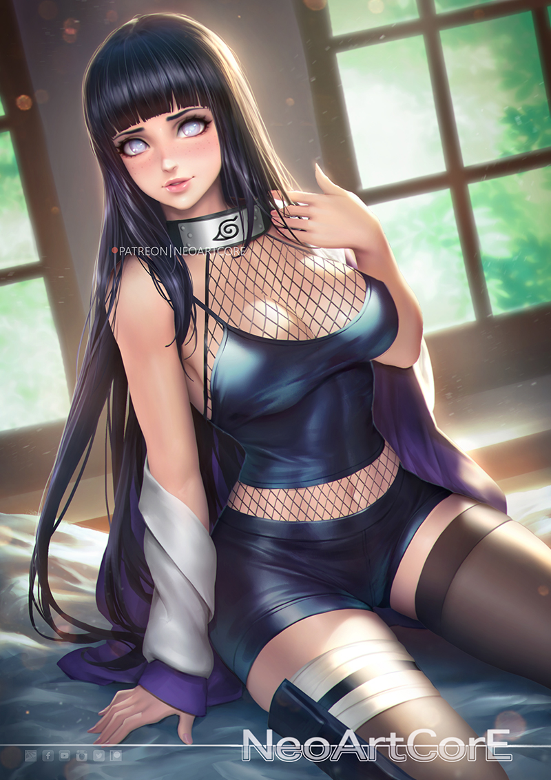 1girl artist_name black_hair blue_eyes blush breasts fishnets hyuuga_hinata lips long_hair looking_back medium_breasts midriff naruto navel nudtawut_thongmai parted_lips shorts signature solo sunlight thigh-highs thighs very_long_hair window