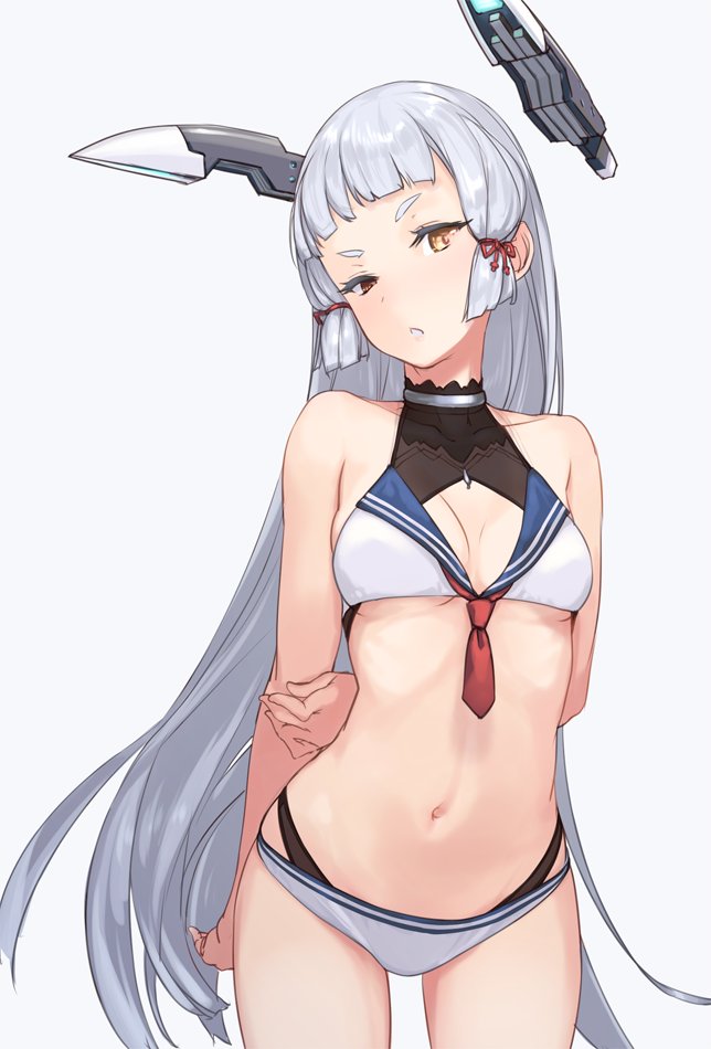 1girl arms_behind_back bangs bikini blunt_bangs breasts brown_eyes cleavage collarbone commentary_request cowboy_shot dated grey_background hair_ribbon head_tilt headgear kantai_collection long_hair looking_at_viewer murakumo_(kantai_collection) ribbon rokuwata_tomoe sailor_bikini sailor_collar sidelocks silver_hair simple_background small_breasts solo swimsuit tress_ribbon very_long_hair white_bikini