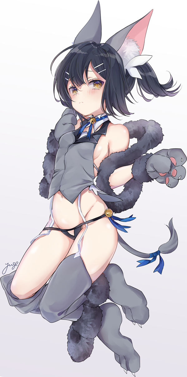 1girl animal_ears artist_name bell bell_choker black_hair black_panties blush breasts brown_eyes choker fate/kaleid_liner_prisma_illya fate_(series) full_body garter_straps gloves gradient gradient_background grey_gloves grey_legwear hair_ornament hairclip highres jingle_bell lowleg lowleg_panties medium_hair miyu_edelfelt navel panties paw_gloves paws ribbon simple_background small_breasts solo tail tail_ribbon thigh-highs twintails underwear vest yuge_(mkmk)