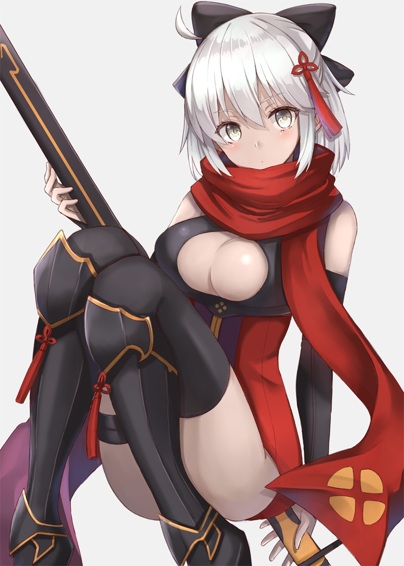 1girl ahoge arm_guards armored_boots bare_shoulders black_bow black_footwear black_legwear blush boots bow breasts cleavage cleavage_cutout closed_mouth commentary_request dark_skin dress fate/grand_order fate_(series) grey_background grey_eyes hair_bow hair_ornament hand_up head_tilt holding holding_sword holding_weapon knee_boots koha-ace large_breasts looking_at_viewer okita_souji_(alter)_(fate) okita_souji_(fate)_(all) red_dress red_scarf scarf silver_hair simple_background sitting solo sword tassel thigh-highs thighs weapon yuzu-aki