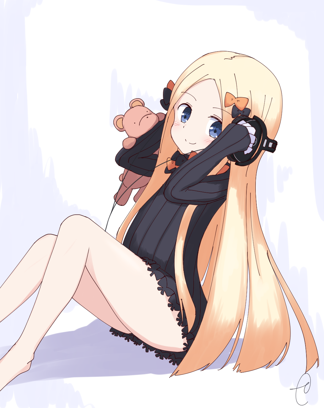 1girl abigail_williams_(fate/grand_order) arms_up bangs bare_legs barefoot black_bow black_dress blonde_hair blue_eyes blush bow bug butterfly closed_mouth commentary_request dress eyebrows_visible_through_hair fate/grand_order fate_(series) forehead hair_bow hands_on_headphones highres insect kujou_karasuma leaning_back long_hair long_sleeves looking_at_viewer looking_to_the_side no_hat no_headwear orange_bow parted_bangs polka_dot polka_dot_bow signature sitting sleeves_past_fingers sleeves_past_wrists smile solo stuffed_animal stuffed_toy teddy_bear thighs very_long_hair