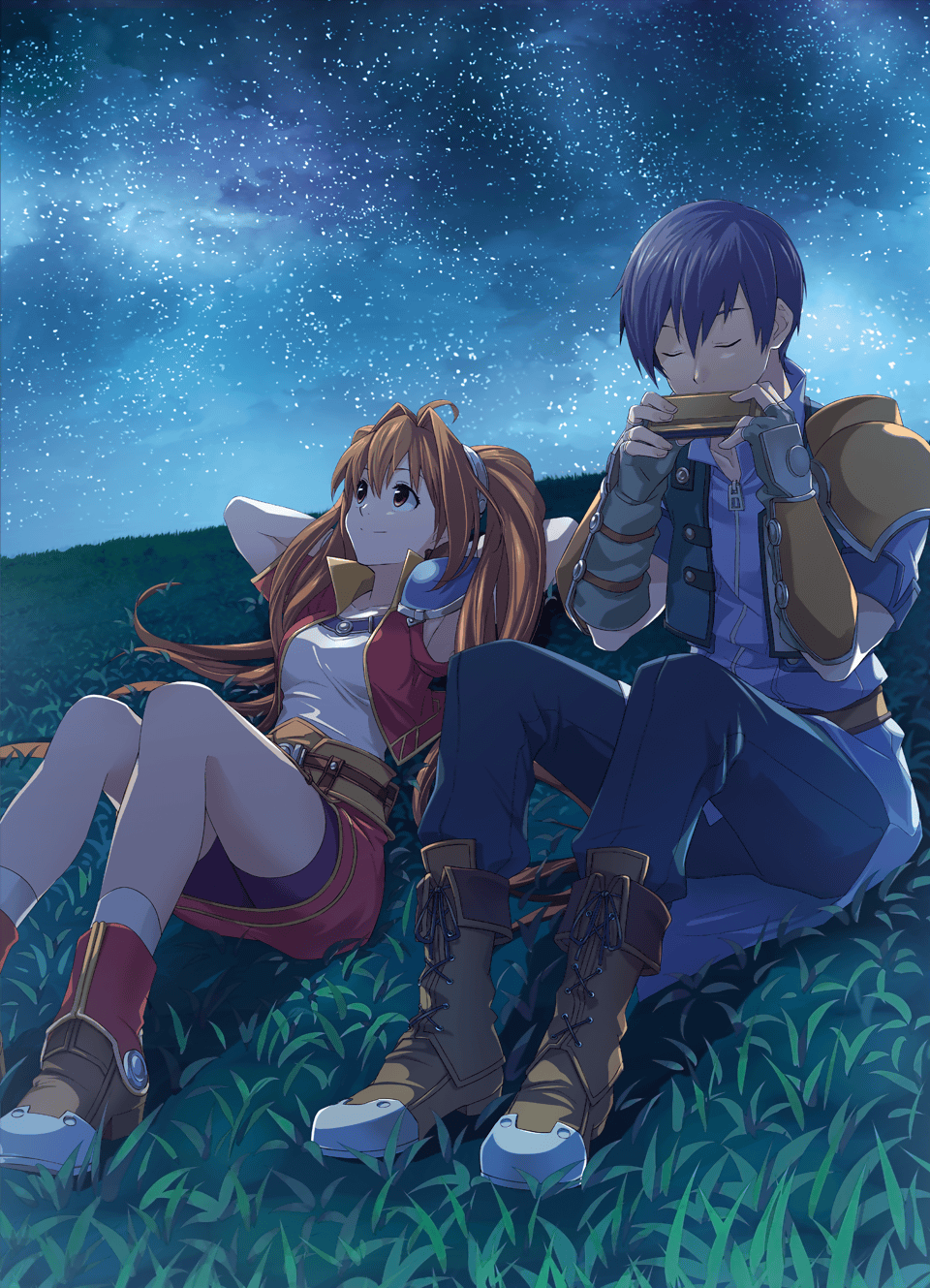 1boy 1girl arms_behind_head belt bike_shorts black_hair boots bracer breasts brown_eyes brown_hair closed_eyes cross-laced_footwear eiyuu_densetsu estelle_bright fingerless_gloves gloves grass harmonica highres instrument jacket joshua_astray long_hair lying medium_breasts miniskirt music night night_sky official_art on_back on_grass pants playing_instrument shirt short_hair shoulder_armor sitting skirt sky smile sora_no_kiseki star_(sky) starry_sky twintails