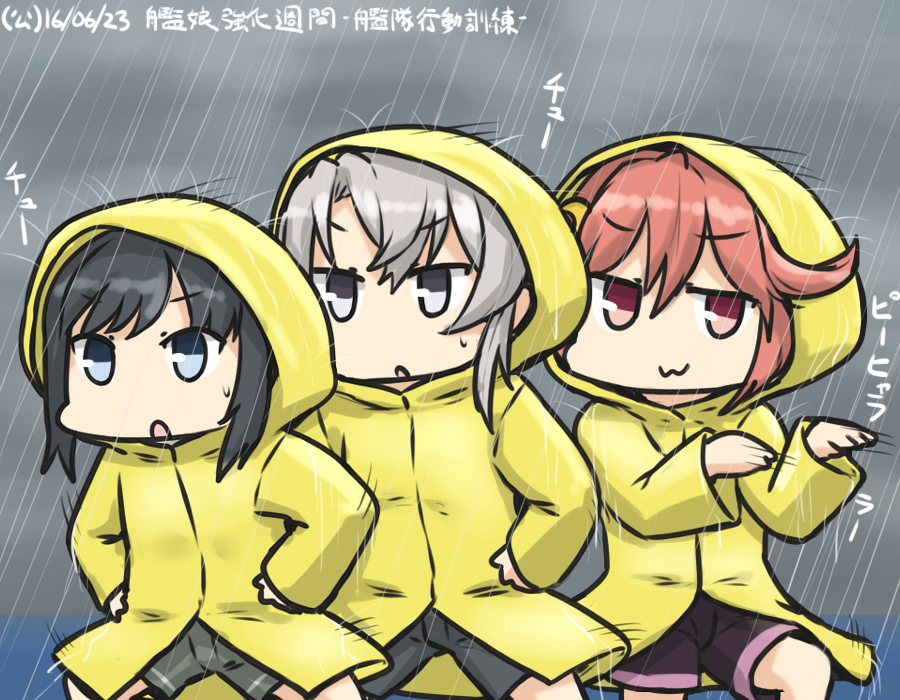 3girls asashio_(kantai_collection) black_hair commentary_request crescent crescent_hair_ornament dancing dated gym_shorts hair_ornament hamu_koutarou horizon kantai_collection multiple_girls nowaki_(kantai_collection) ocean rain raincoat redhead shorts silver_hair sweat uzuki_(kantai_collection)