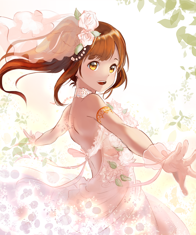1girl :d armlet backless_dress backless_outfit bangs bridal_gauntlets brown_hair choker dress eyebrows_visible_through_hair floating_hair flower gloves hair_flower hair_ornament idolmaster idolmaster_cinderella_girls igarashi_kyouko long_hair looking_to_the_side open_mouth outstretched_arms see-through side_ponytail sleeveless sleeveless_dress smile solo standing strapless strapless_dress swept_bangs uro_(uro_zi) wedding_dress white_background white_dress white_flower white_gloves yellow_eyes