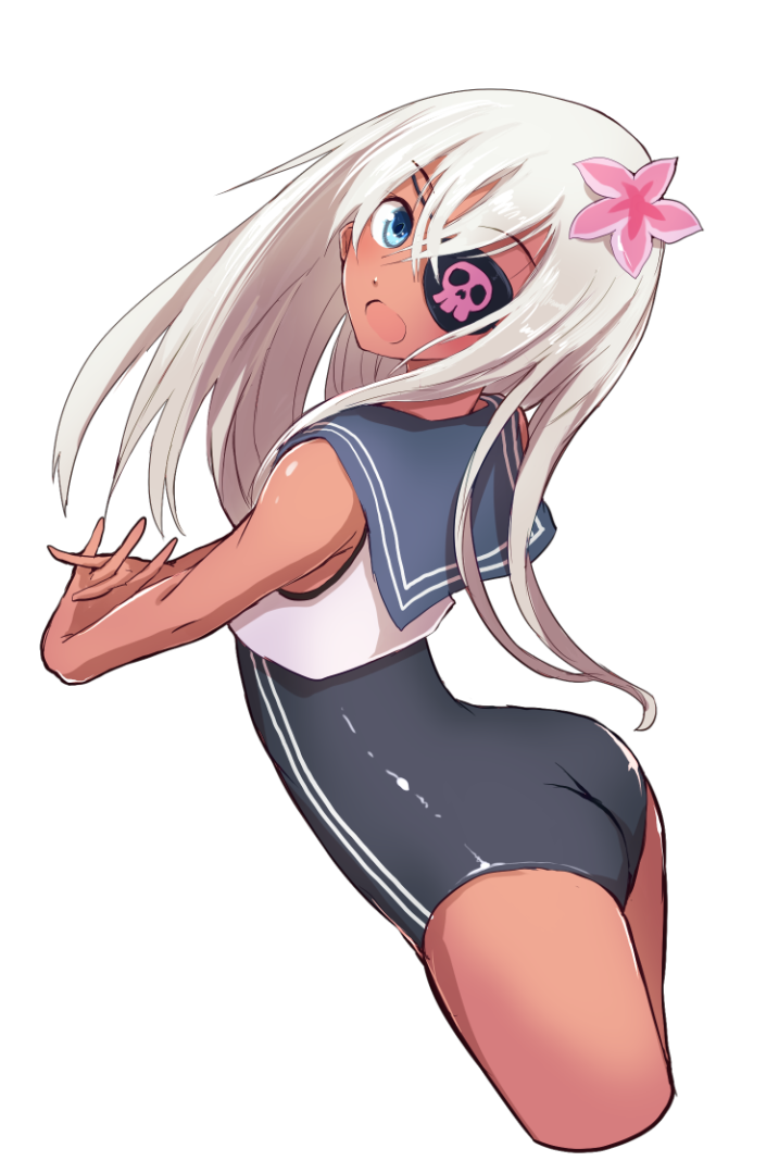 1girl ass back bangs blue_eyes boushi-ya crop_top eyes_visible_through_hair flower hair_between_eyes hair_flower hair_ornament kantai_collection one-piece_swimsuit one-piece_tan open_mouth ro-500_(kantai_collection) sailor_collar school_swimsuit simple_background solo swimsuit swimsuit_under_clothes tan tanline thighs white_hair