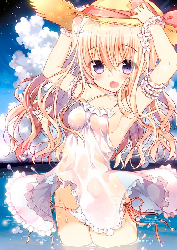 1girl amanatsu_purin_(yadapot) arm_garter arms_up bangs bare_shoulders blonde_hair blue_sky blush bow breasts cleavage clouds cloudy_sky commentary_request cowboy_shot day dress eyebrows_visible_through_hair fang flower hair_between_eyes hair_flower hair_ornament hands_on_headwear hat hat_bow horizon long_hair looking_at_viewer medium_breasts no_bra ocean open_mouth original outdoors panties pink_panties red_bow see-through side-tie_panties sideboob sky sleeveless sleeveless_dress solo straw_hat underwear very_long_hair violet_eyes water wet wet_clothes wet_dress white_dress white_flower wrist_cuffs yadapot
