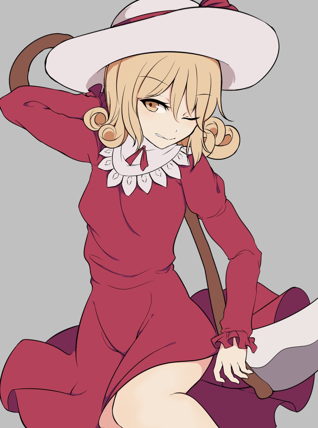 1girl arm_behind_head bangs blonde_hair breasts cowboy_shot curly_hair dress dress_lift elly eyebrows_visible_through_hair frilled_sleeves frills grey_background half-closed_eye hat hat_ribbon highres hips holding holding_scythe holding_weapon long_sleeves marsen one_eye_closed outline red_dress ribbon scythe short_hair sidelocks simple_background small_breasts smile solo sun_hat thighs touhou touhou_(pc-98) weapon white_hat yellow_eyes