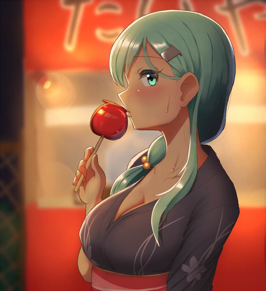 1girl aqua_hair bangs blush breasts candy_apple cleavage collarbone eyebrows_visible_through_hair festival food from_side green_eyes hair_ornament hairclip japanese_clothes kantai_collection kimono large_breasts long_hair looking_at_viewer maku_ro night obi open_mouth outdoors sash sidelocks solo suzuya_(kantai_collection) sweatdrop yukata