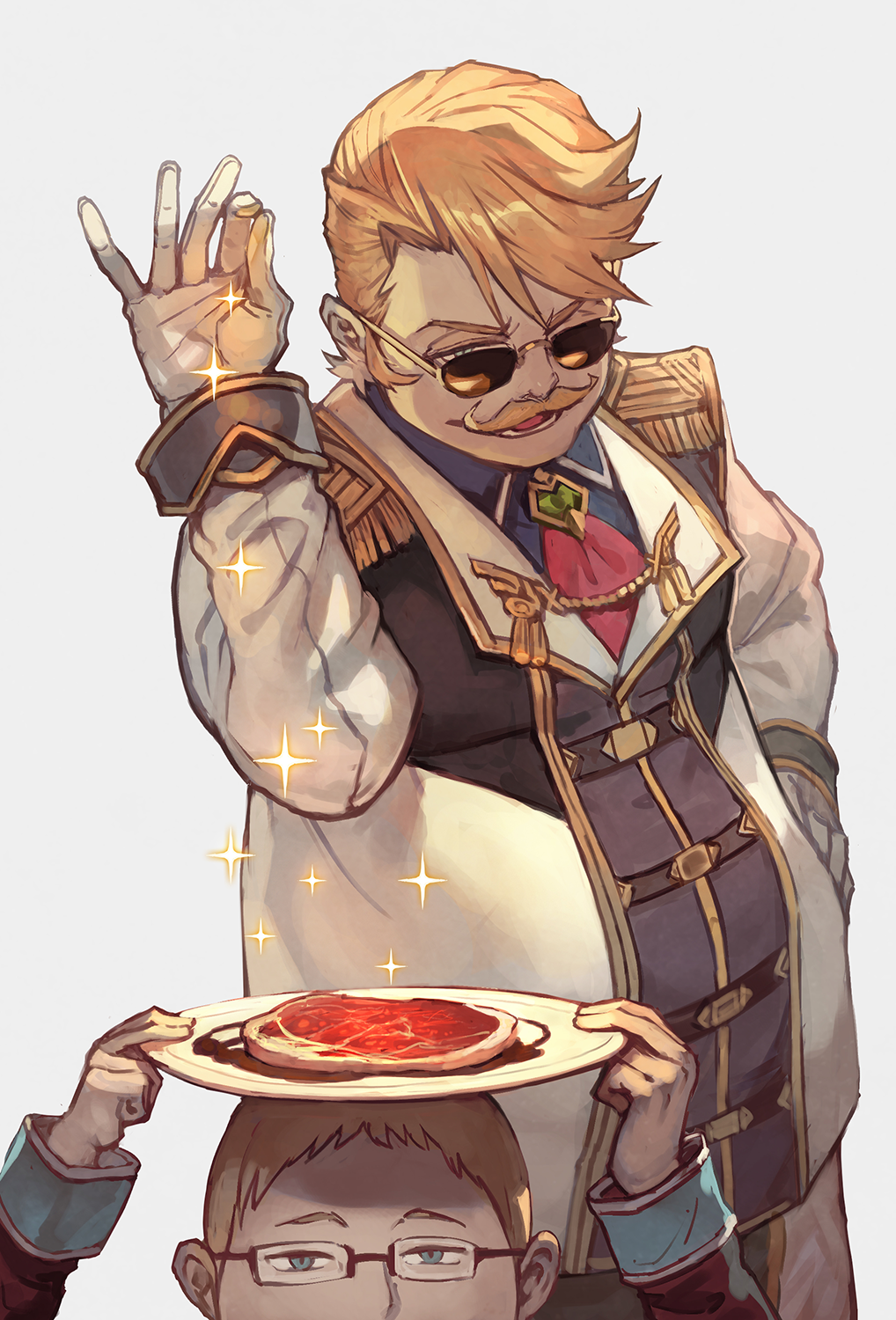 2boys blonde_hair epaulettes facial_hair fate/grand_order fate_(series) food glasses gloves goldorf_musik highres holding holding_plate jeancle_abel_meuniere lack meat meme multiple_boys mustache necktie plate salt_bae_(meme) sunglasses white_gloves