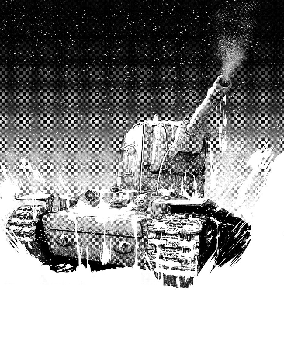 greyscale ground_vehicle kv-2 military military_uniform military_vehicle monochrome motor_vehicle no_humans original snow snowing tank tukiyofree uniform