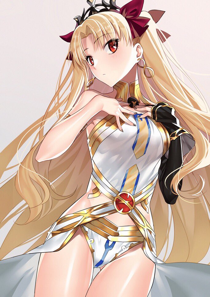 1girl bangs bare_shoulders black_nails blonde_hair blush bow commentary cosplay cowboy_shot detached_sleeves earrings ereshkigal_(fate/grand_order) fate/grand_order fate_(series) hair_bow hands_on_own_chest ishtar_(fate/grand_order) ishtar_(fate/grand_order)_(cosplay) jewelry leotard long_hair long_sleeves looking_at_viewer nail_polish parted_bangs red_bow red_eyes single_sleeve tiara tohsaka_rin two_side_up very_long_hair white_leotard yaoshi_jun