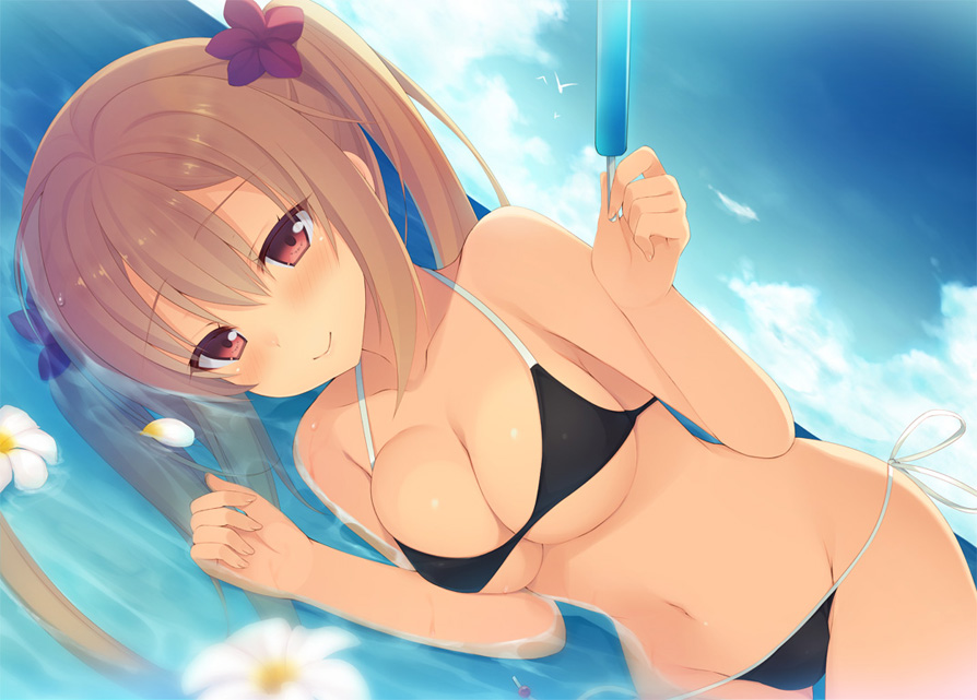 1girl aotsu_karin arihara_nanami bangs bare_arms bare_shoulders bikini black_bikini blue_sky blurry blurry_foreground blush breasts cleavage closed_mouth clouds cloudy_sky commentary_request day depth_of_field eyebrows_visible_through_hair fingernails flower food groin hair_between_eyes hair_flower hair_ornament holding holding_food horizon large_breasts light_brown_hair long_hair lying navel ocean on_side outdoors popsicle red_eyes red_flower riddle_joker side-tie_bikini sky smile solo swimsuit twintails very_long_hair water white_flower