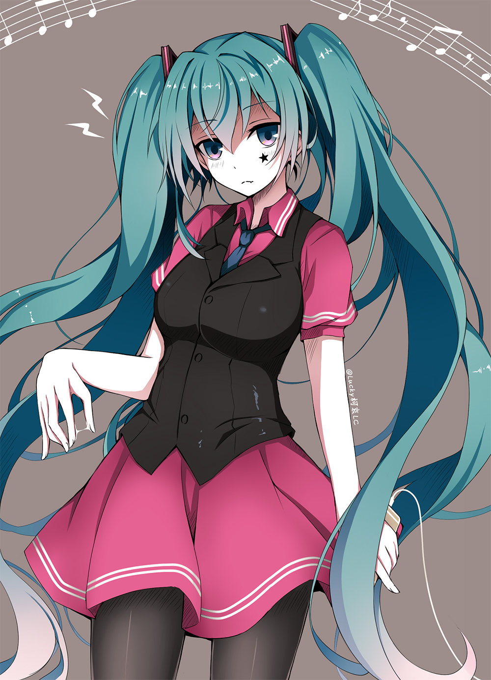 1girl black_legwear blue_eyes blue_hair blue_neckwear cowboy_shot eyebrows_visible_through_hair floating_hair grey_background hair_between_eyes hatsune_miku highres holding long_hair looking_at_viewer lucky_keai miniskirt necktie pantyhose pink_shirt pink_skirt shiny shiny_clothes shiny_hair shirt skirt solo standing star star_print twintails very_long_hair vocaloid