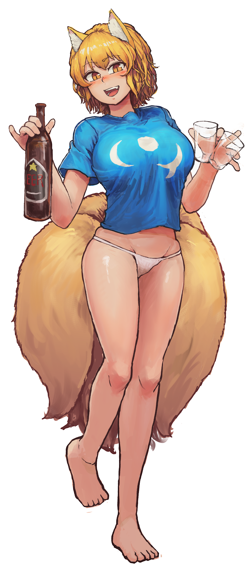 1girl :d adapted_costume animal_ears bangs bare_arms bare_legs barefoot blonde_hair blue_shirt blush bottle breasts chanta_(ayatakaoisii) cup drinking_glass eyebrows_visible_through_hair fang fox_ears fox_tail full_body groin hands_up highres holding holding_bottle holding_drinking_glass large_breasts looking_at_viewer multiple_tails no_pants nose_blush open_mouth orange_eyes panties pinky_out shirt short_hair short_sleeves simple_background slit_pupils smile solo tail toes touhou underwear walking white_background white_panties yakumo_ran