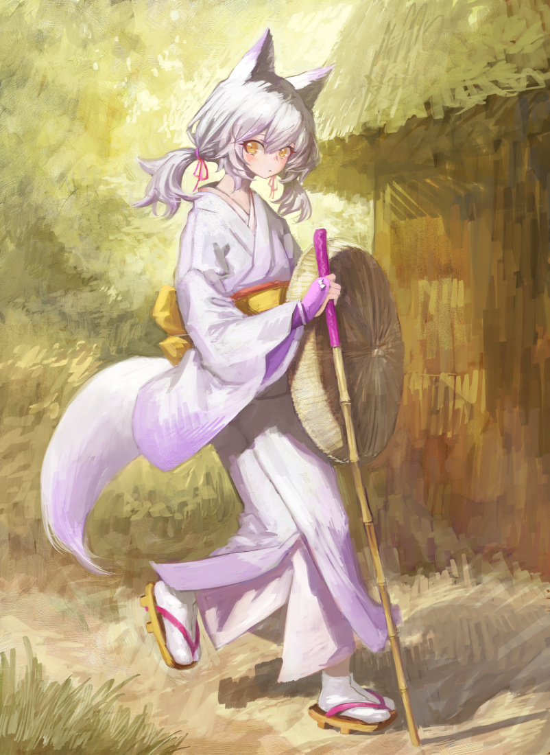 1girl animal_ears commentary fox_ears fox_girl fox_tail hat hat_removed headwear_removed japanese_clothes kimono obi original outdoors rice_hat sash solo surutsu tabi tail twintails walking walking_stick white_hair yellow_eyes zouri