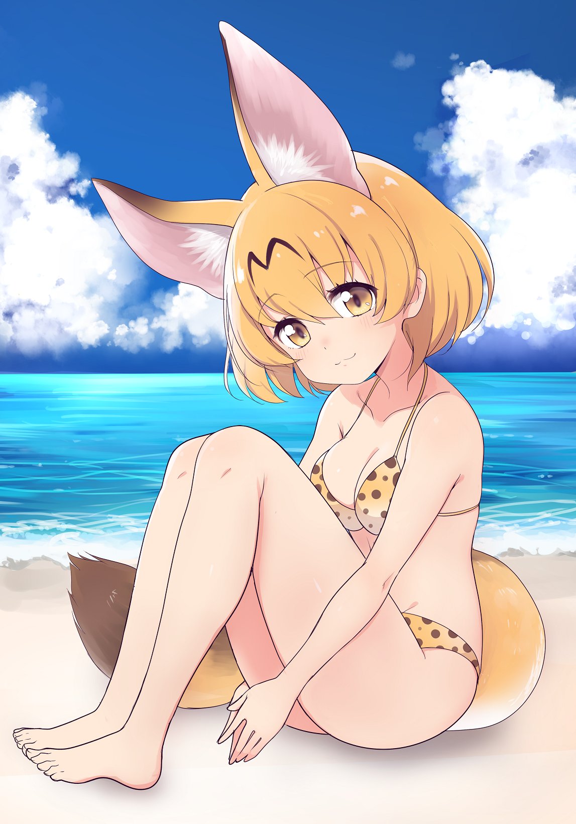 1girl adapted_costume animal_ears barefoot beach bikini blonde_hair blue_sky brown_eyes clouds day full_body highres kemono_friends looking_at_viewer outdoors polka_dot polka_dot_bikini ransusan serval_(kemono_friends) serval_ears serval_print serval_tail short_hair sky smile solo swimsuit tail