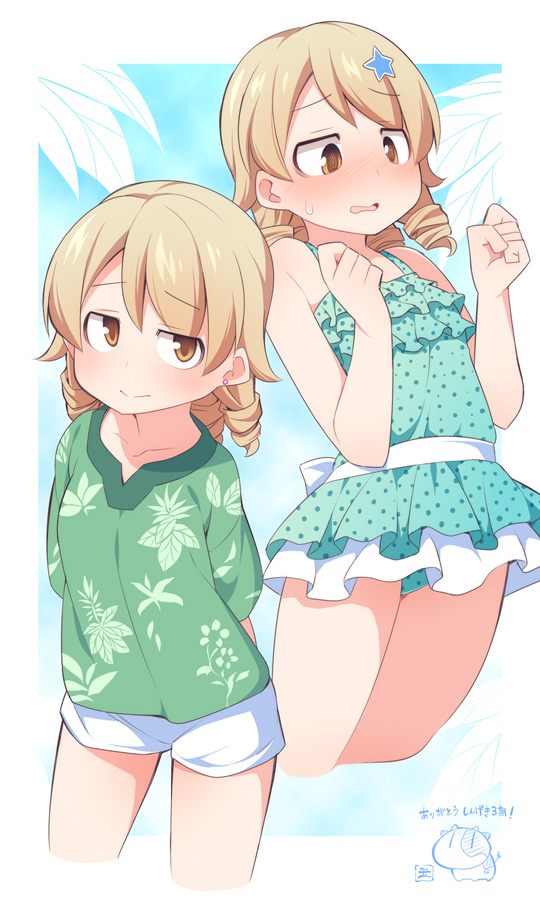 1girl bangs bare_arms bare_shoulders blush brown_eyes closed_mouth collarbone commentary_request eyebrows_visible_through_hair green_shirt green_swimsuit hair_between_eyes hair_ornament hands_up idolmaster idolmaster_cinderella_girls light_brown_hair morikubo_nono multiple_views nose_blush parted_lips polka_dot polka_dot_swimsuit shirt short_shorts short_sleeves shorts star star_hair_ornament sweat swimsuit translation_request ushi white_shorts