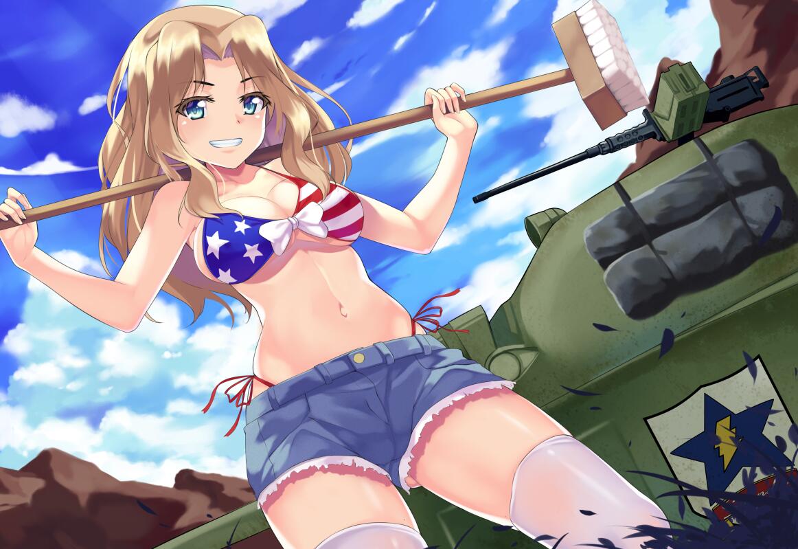 1girl alternate_costume american_flag_bikini aoi_(buzhuen444) arms_up bikini blonde_hair blue_eyes blue_sky breasts brush carrying cleavage clouds cowboy_shot cutoffs day dutch_angle emblem eyebrows_visible_through_hair fingernails flag_print from_below front-tie_top girls_und_panzer grass grin ground_vehicle gun kay_(girls_und_panzer) large_breasts long_hair looking_at_viewer m2_browning m4_sherman machine_gun military military_vehicle motor_vehicle mountain navel outdoors saunders_(emblem) shorts shoulder_carry side-tie_bikini sideboob sky smile solo standing swimsuit tank thigh-highs under_boob weapon white_legwear