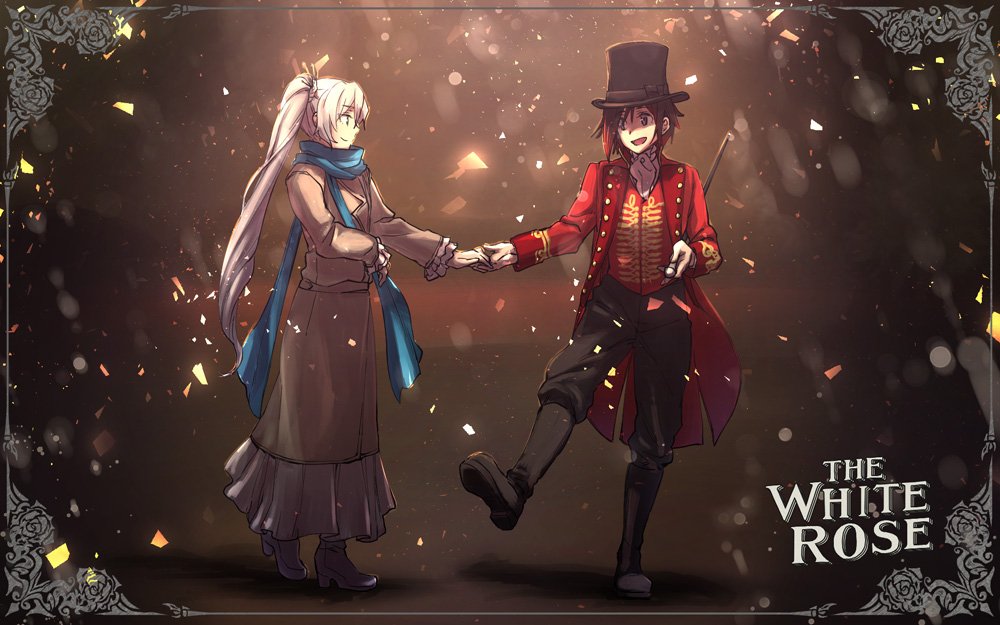 2girls baton_(instrument) boots circus commentary_request cravat hand_holding hat jacket long_skirt multiple_girls redhead ruby_rose rwby scarf skirt the_greatest_showman top_hat tsuta_no_ha weiss_schnee white_hair