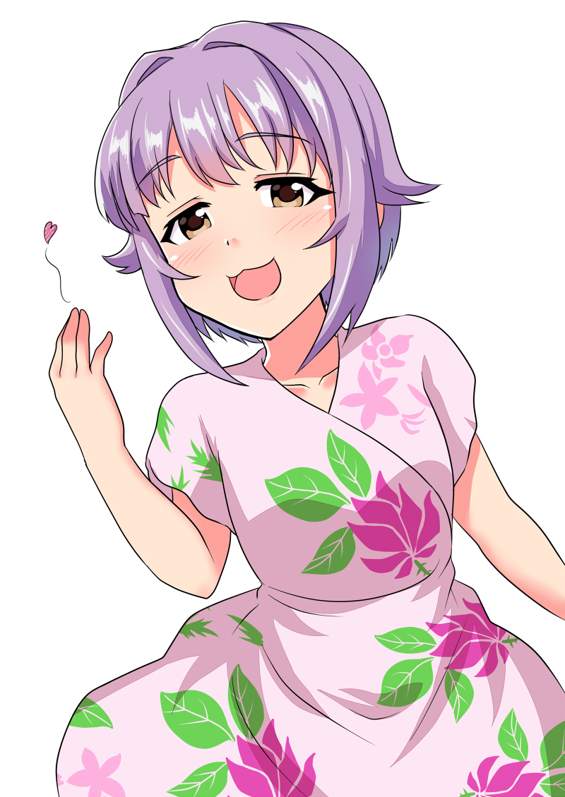 1girl :3 :d bangs blush brown_eyes collarbone commentary_request dress eyebrows_visible_through_hair floral_print hair_flaps hand_up heart idolmaster idolmaster_cinderella_girls koshimizu_sachiko leaning_to_the_side looking_at_viewer momoda_yasuhito open_mouth pink_dress print_dress purple_hair simple_background smile solo white_background