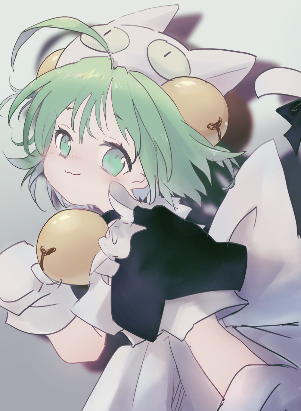 1girl :3 ad ahoge animal_ears animal_hat apron bangs bell black_dress blush cat_ears cat_hat closed_mouth commentary_request dejiko di_gi_charat dress eyebrows_visible_through_hair green_eyes green_hair hair_bell hair_between_eyes hair_ornament hand_up hat head_tilt highres jingle_bell looking_at_viewer looking_to_the_side maid_apron mittens nose_blush puffy_short_sleeves puffy_sleeves sha2mo short_hair short_sleeves solo white_apron white_hat white_mittens