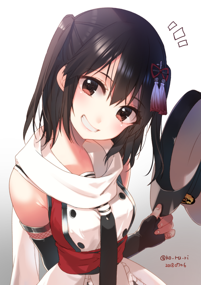 1girl arm_behind_back black_hair brown_eyes dated elbow_gloves fingerless_gloves gloves grin hair_ornament hat head_tilt holding holding_hat kantai_collection koruri looking_at_viewer necktie peaked_cap remodel_(kantai_collection) scarf sendai_(kantai_collection) smile solo twitter_username two_side_up upper_body white_scarf