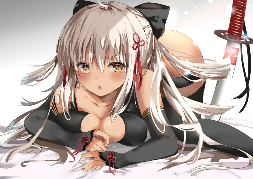 1girl ahoge arm_guards bangs bare_shoulders black_bow black_legwear blush bow breast_press breasts brown_eyes cleavage collarbone commentary_request dark_skin eyebrows_visible_through_hair fate/grand_order fate_(series) hair_between_eyes hair_bow hair_ornament katana koha-ace large_breasts long_hair okita_souji_(alter)_(fate) okita_souji_(fate)_(all) parted_lips planted_sword planted_weapon pon_(ponidrop) silver_hair solo sword tassel thigh-highs very_long_hair weapon
