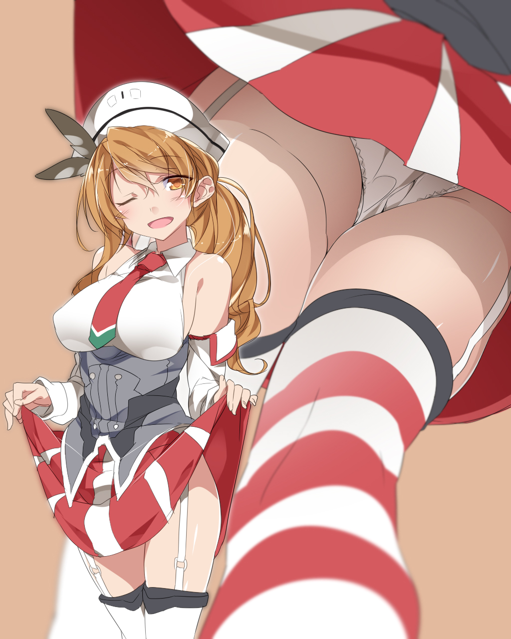 1girl bare_shoulders breasts brown_background brown_eyes brown_hair commentary_request detached_sleeves from_below garter_straps highres kantai_collection large_breasts lifted_by_self littorio_(kantai_collection) long_hair mtu_(orewamuzituda) multiple_views one_eye_closed open_mouth panties simple_background skirt skirt_lift smile striped striped_legwear thigh-highs underwear white_panties