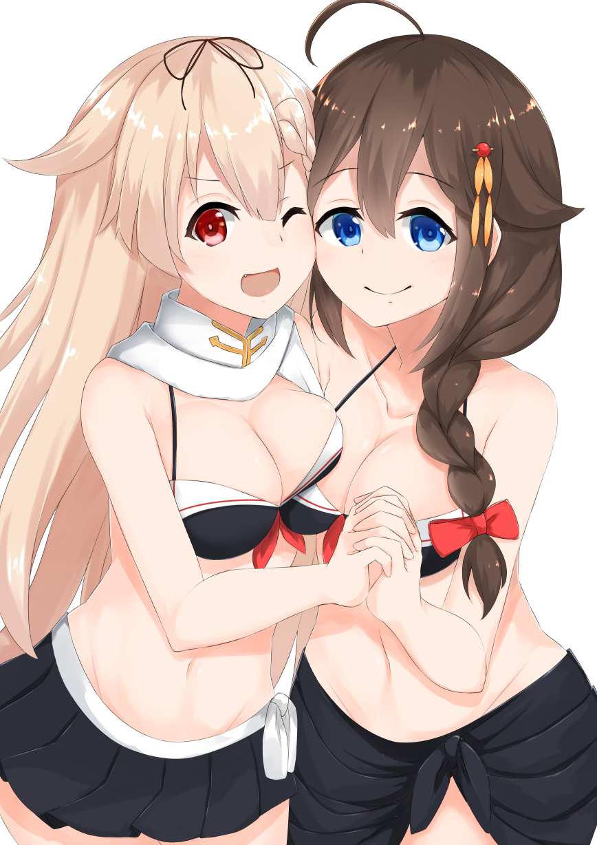 2girls ;&gt; ;d ahoge bare_arms bare_shoulders bikini bikini_top black_bikini black_ribbon black_skirt blue_eyes blush bow braid breasts brown_hair cleavage closed_mouth collarbone commentary_request fang groin hair_bow hair_flaps hair_ornament hair_ribbon hand_holding highres interlocked_fingers kantai_collection large_breasts light_brown_hair long_hair multiple_girls one_eye_closed open_mouth pleated_skirt red_bow red_eyes remodel_(kantai_collection) ribbon sakikumo_(sakumo) sarong shigure_(kantai_collection) side_braid sidelocks simple_background single_braid skirt smile swimsuit v-shaped_eyebrows very_long_hair white_background yuudachi_(kantai_collection)