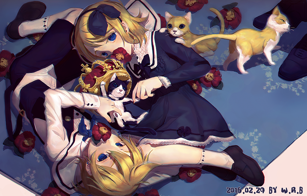 1boy 1girl 2016 artist_name blonde_hair blue_bow blue_dress blue_eyes blue_hairband blue_jacket blue_shorts bow brother_and_sister cat crown dated dress flower flower_in_mouth hair_bow hairband jacket kagamine_len kagamine_rin kitten lying mary_janes mouth_hold on_side pale_skin red_flower sailor_collar shirt shoes short_hair shorts siblings sleeveless_blazer socks twins upside-down vocaloid w.r.b white_shirt