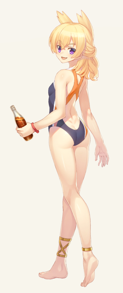 1girl :d anklet ass azur_lane bangs bare_arms bare_legs barefoot black_swimsuit blonde_hair bottle breasts butt_crack coke competition_swimsuit eyebrows_visible_through_hair from_behind full_body grey_background hair_between_eyes holding holding_bottle jewelry kaina_(tsubasakuronikuru) long_hair looking_at_viewer looking_back one-piece_swimsuit open_mouth orange_swimsuit parted_bangs shiny shiny_hair shiny_skin simple_background small_breasts smile solo standing swimsuit tied_hair v-shaped_eyebrows violet_eyes walking warspite_(azur_lane) wristband