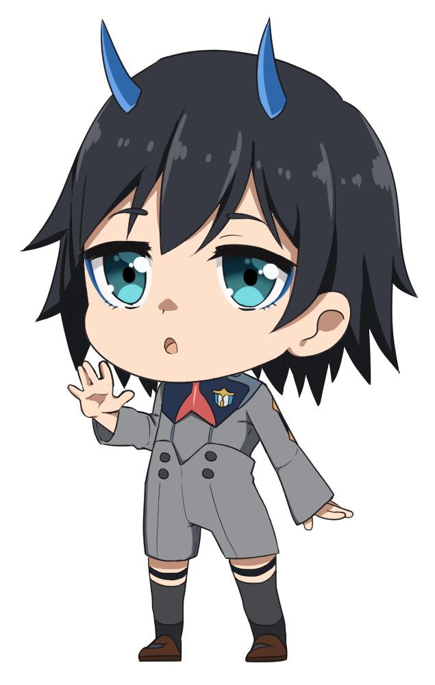 1boy bangs black_hair blue_eyes blue_horns brown_footwear chibi commentary darling_in_the_franxx english_commentary hand_up hiro_(darling_in_the_franxx) horns long_sleeves male_focus military military_uniform necktie oni_horns rachel_bouvier red_neckwear shoes short_hair socks solo uniform