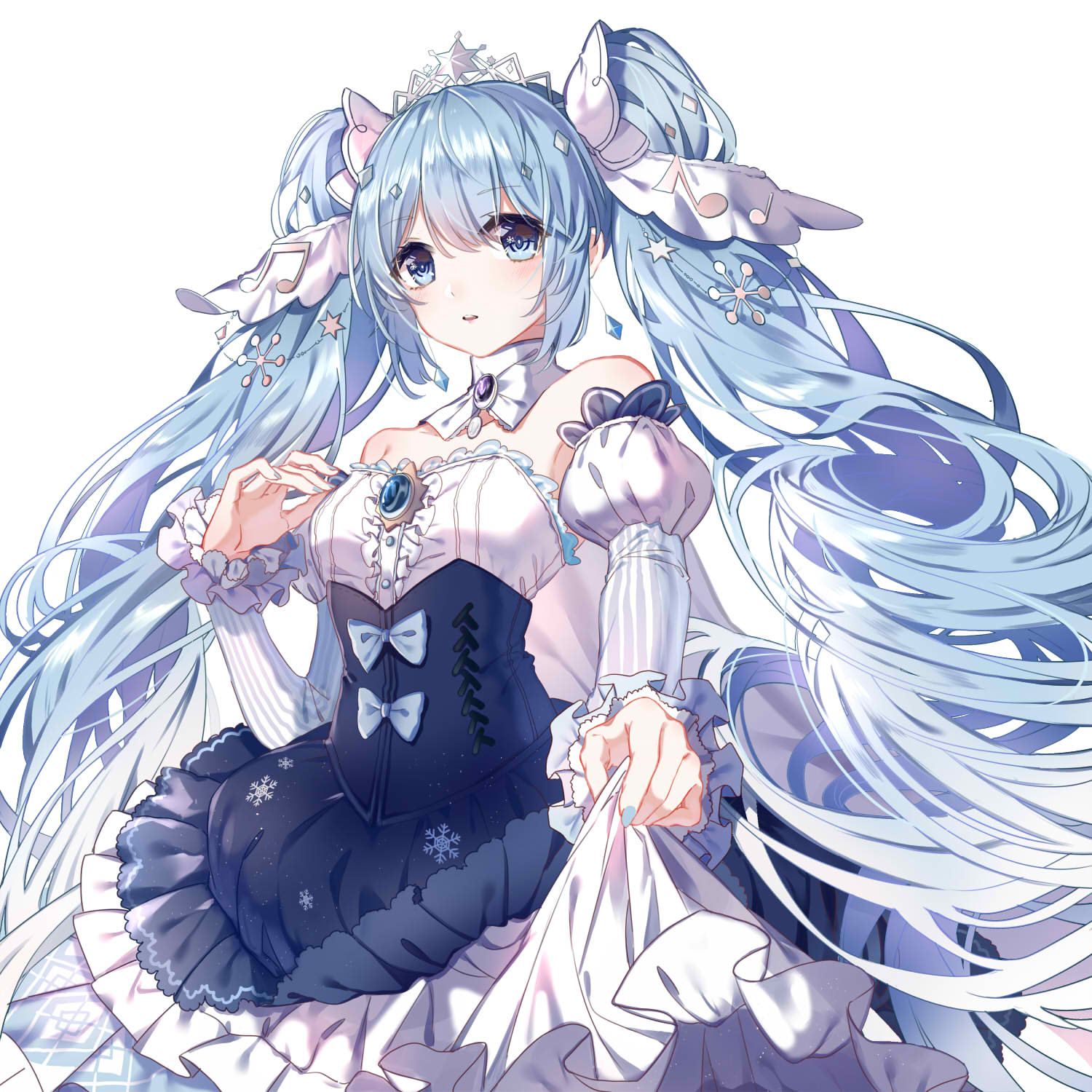 1girl akira_(ying) bangs beamed_eighth_notes blue_bow blue_eyes blue_hair blue_nails blue_skirt blush bow breasts center_frills eighth_note eyebrows_visible_through_hair fingernails frills hair_between_eyes hair_ornament hatsune_miku highres juliet_sleeves long_hair long_sleeves looking_at_viewer musical_note musical_note_hair_ornament nail_polish parted_lips pleated_skirt puffy_sleeves shirt simple_background skirt skirt_hold small_breasts snowflake_hair_ornament solo star star_hair_ornament strapless tiara twintails upper_teeth very_long_hair vocaloid white_background white_shirt yuki_miku